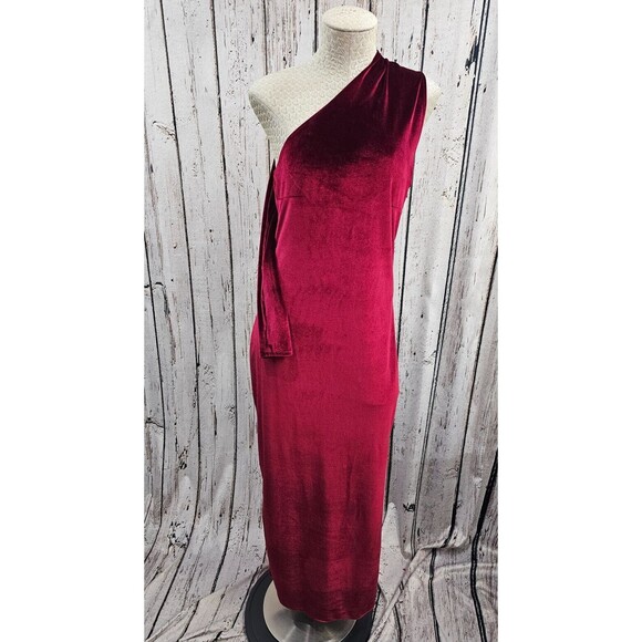 MDS Women's M Marcella Manhattan Velvet Slit Gown Burgundy One Shoulder Dress - Picture 2 of 7
